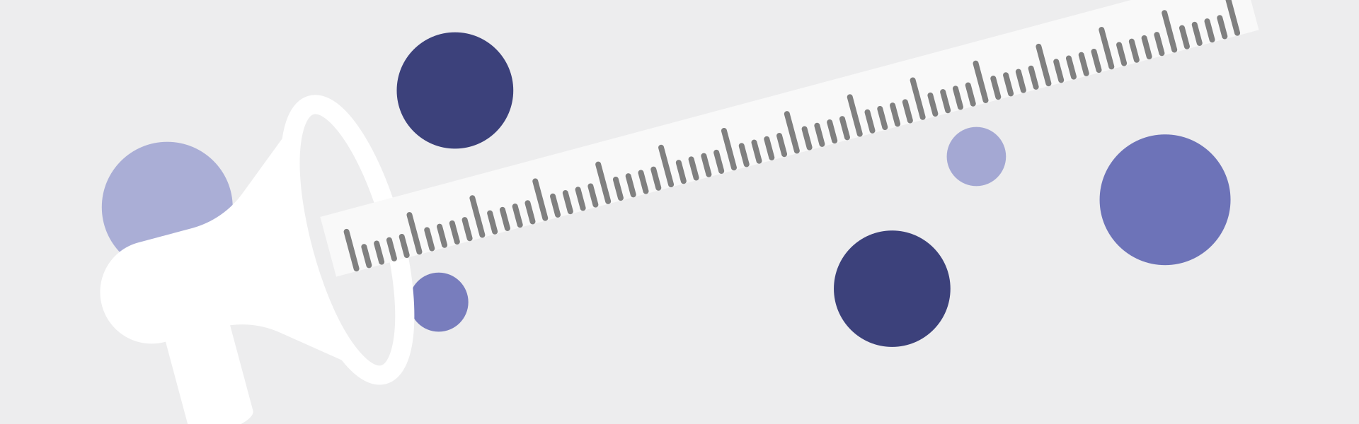 Grafik mit einem weißen Megaphon das schräg nach oben schaut. Aus dem Megaphon heraus ist ein Lineal gezeichnet. Zur Deko gibt es noch ein paar verschieden große Punkte in verschiedenen Blautönen.